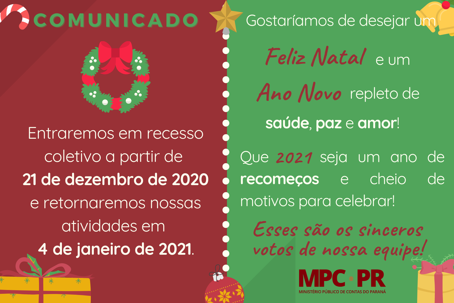 Leia mais sobre o artigo Comunicado: MP de Contas entra em recesso a partir de 21 de dezembro