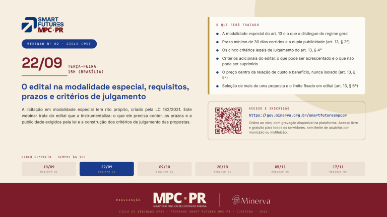 Leia mais sobre o artigo MPC-PR e Instituto Minerva promovem webinar sobre elaboração de editais para Contratação Pública para Solução Inovadora