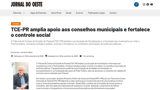 MPC-PR na Mídia: Em entrevista ao Jornal do Oeste, Procurador-Geral do MPC-PR destaca importância dos conselhos municipais